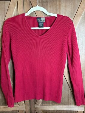 FMX & CO Vintage Red 100% Cotton Ribbed V-Neck Long Sleeve Top SIZE LARGE